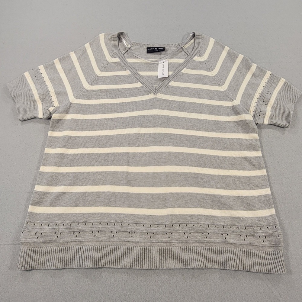 Lane Bryant Short Sleeve Sweater Top Striped Gray White Lightweight Size 18 20 - Picture 2 of 8